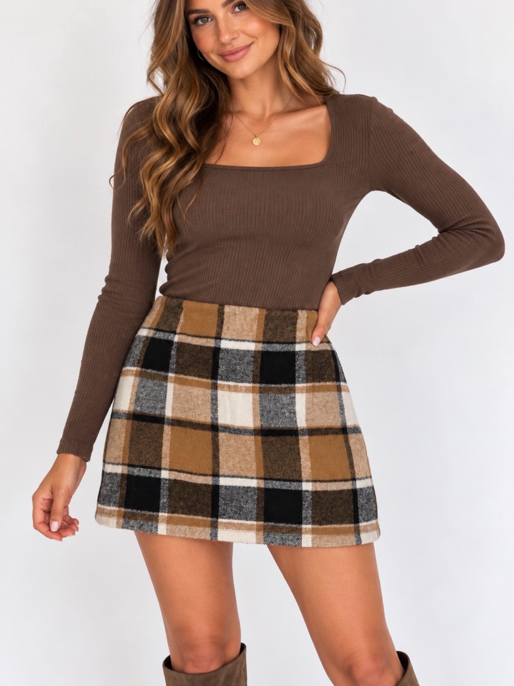 iii Plaid A-Line Mini Skirt in Brown and Tan wool like fabric, lined XL Y2K boho